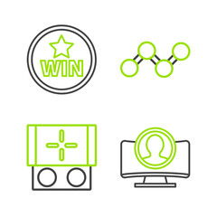 Set line Create account screen, Portable video game console, Share and Medal icon. Vector