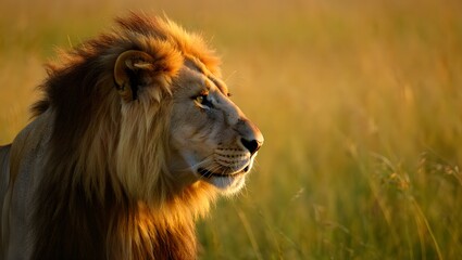 Naklejka premium Majestic lion portrait in golden light wildlife photography animal kingdom big cat africa