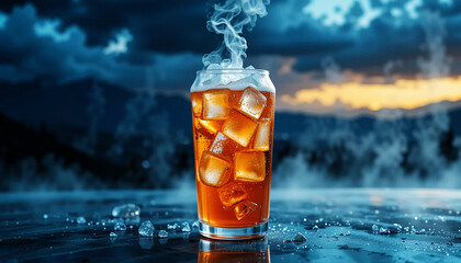 Refreshing Iced Drink with Frosty Steam Against a Stunning Sunset Sky