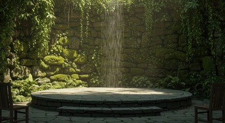 A serene outdoor stone shower with lush greenery