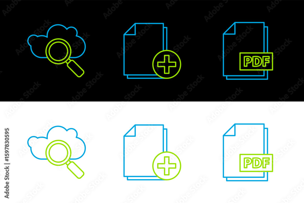 Fototapete Set line PDF file document, Search cloud computing and Add new icon. Vector