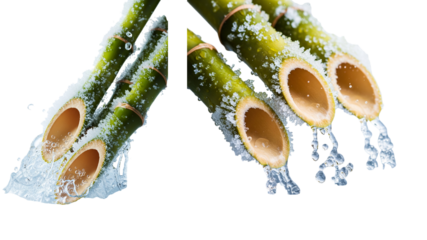 Water cascading from icy bamboo stalks; refreshing, serene, and pure.