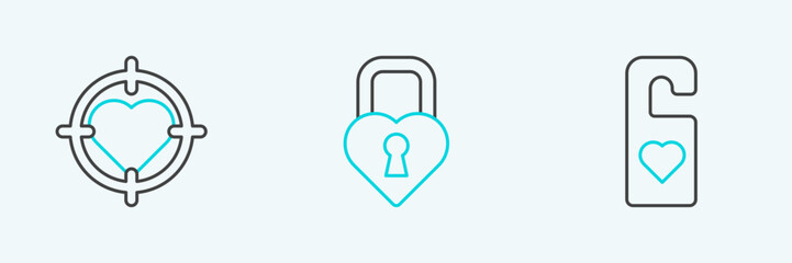 Set line Please do not disturb with heart, Heart in the center of darts target aim and Castle shape icon. Vector