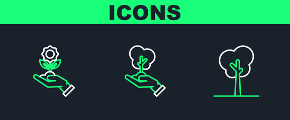 Set line Tree, Hand holding flower and hand of environmental protection icon. Vector