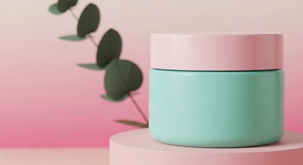 Cosmetic cream jar with eucalyptus leaves
