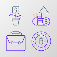 Set line Bitcoin, Briefcase, Financial growth and and Dollar plant icon. Vector