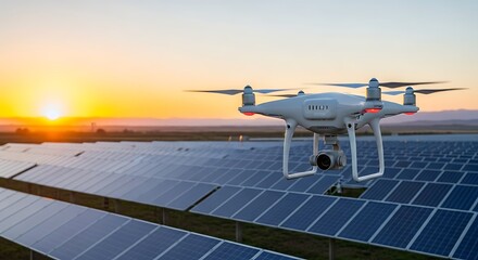 A drone surveys solar panels at sunset, highlighting renewable energy and technology.