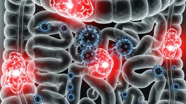 Detailed 3D visualization of microbes interacting with malignant tumors in the human digestive system and intestinal tract