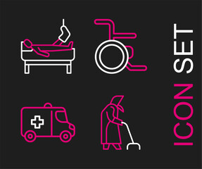 Set line Grandmother, Emergency car, Wheelchair and Patient with broken leg icon. Vector