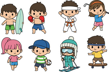 Children playing sports, cartoon characters in action, diverse activities like soccer, surfing, skateboarding, karate, boxing, skiing, golf, vector scene