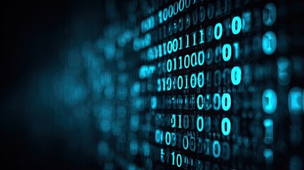 Binary code background with teal highlights.