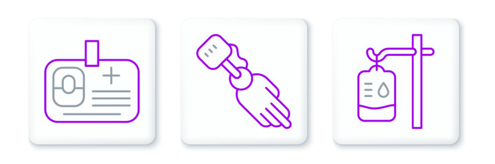 Set line IV bag, Identification badge and Prosthesis hand icon. Vector
