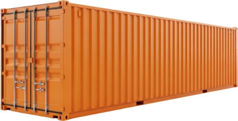 An Orange Shipping Cargo Container With Closed Doors And Metal Locking Bars On A Transparent Background Isolate