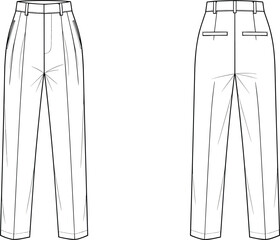 CAD drawing flat vector illustration of tailored trousers technical fashion sketch front and back view, formal pants garment design
