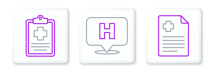 Set line Patient record, and Location hospital icon. Vector