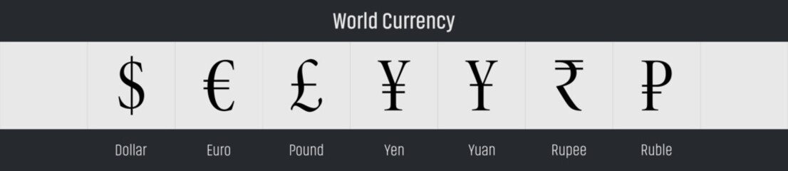 World Currency vector icon. Dollar $ and Euro € sign, Pound Sterling £ and Yen, Yuan ¥ & Rupee ₹, Ruble ₽ symbol