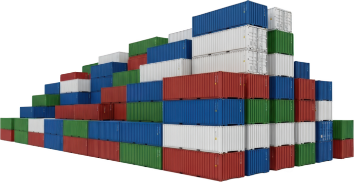 Stacked shipping containers in red blue white and green forming a staircase pattern transparent background