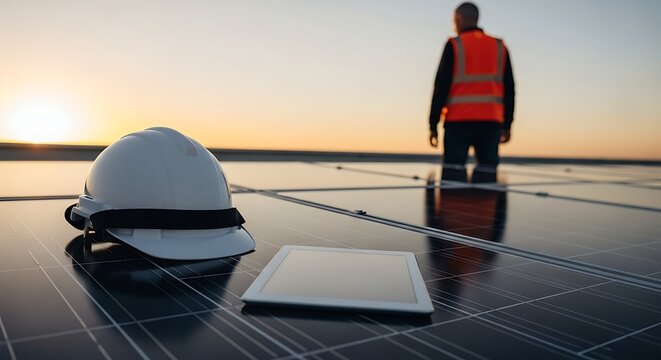 Worker on solar panels at sunset, safety gear and tablet on the surface.