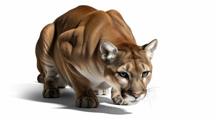 Obraz premium Crouching Cougar: Intense Gaze of a Mountain Lion on White
