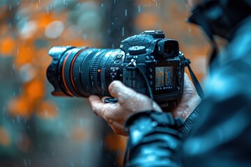 A photographer holds a professional camera in the rain, with water droplets speckling the lens and body. This shot captures the dedication and resilience required for outdoor, all-weather photography