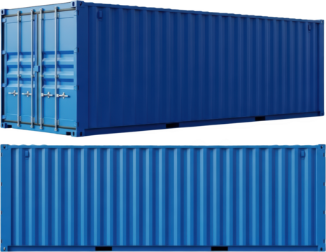 Two blue shipping containers shown from side and front views isolate cargo container