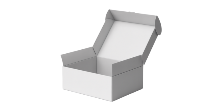 Open white cardboard box with lid tilted back against on a transparent background