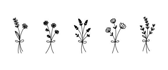 Delicate wildflower bouquet. Delicate wildflower bouquet with soft petals and thin green stems in a hand-drawn minimal style.