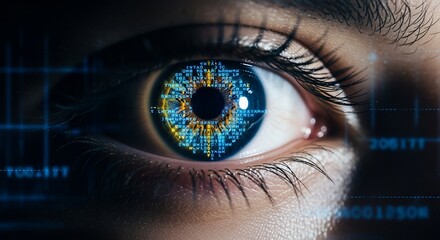 Cybernetic Eye: Close-Up of Human Eye Reflecting Digital Code and Grid