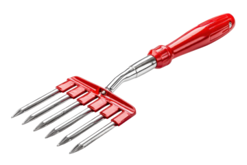 Sharp tined hand tool Red and silver garden landscaping tool Manicuring gardening tool Garden tool