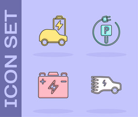 Set Electric car, Car battery and Charging parking electric icon. Vector