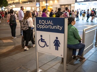 Equal opportunity sign promoting accessibility and inclusion for all genders and people with disabilities stands in bustling urban environment with diverse crowd of people