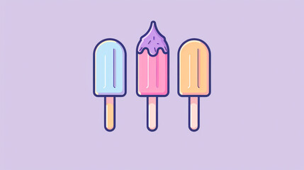 Delicious pastel ice pops illustrated simply over soft purple background, clean space ideal design