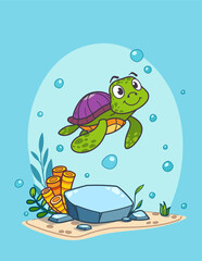 Colorful Cartoon Turtle Swimming Underwater