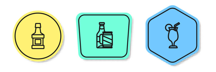 Set line Whiskey bottle, Beer and beer can and Cocktail. Colored shapes. Vector