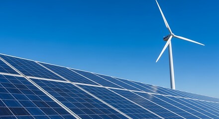 Solar panels and a wind turbine against a clear blue sky, representing renewable energy sources.