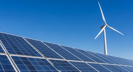 Solar panels and a wind turbine generate clean energy under a vibrant blue sky.