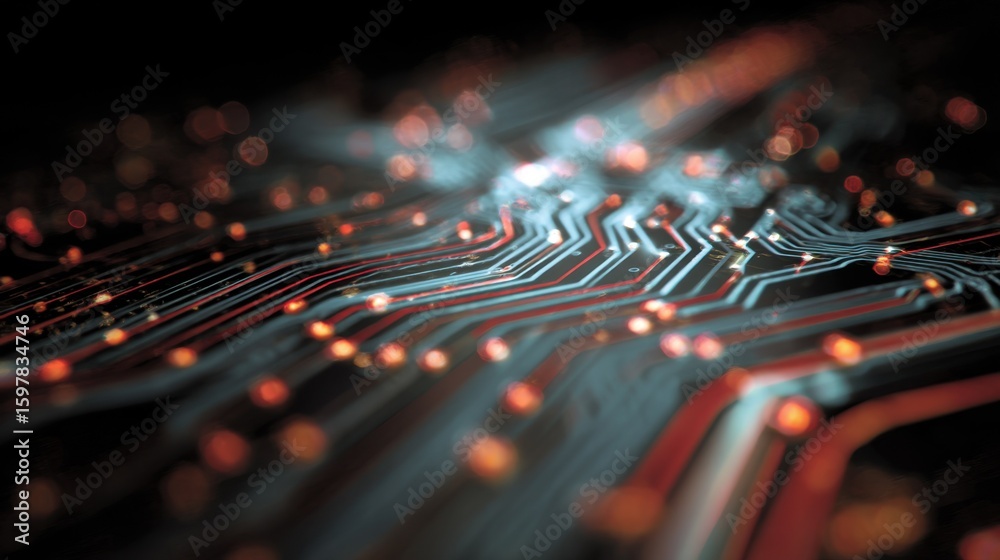 Poster light trails illuminate an electronic circuit board, creating a mesmerizing technological abstract w