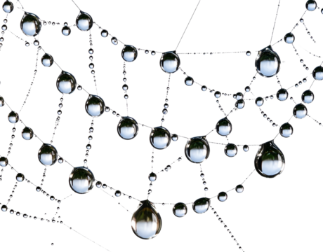  Artistic Close-Up of Water Droplets on Green Leaf Surface, Suspended and Reflecting Surroundings, Isolated on Transparent Background.