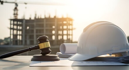 Construction site with gavel, hard hat, and blueprints, symbolizing legal aspects of building.
