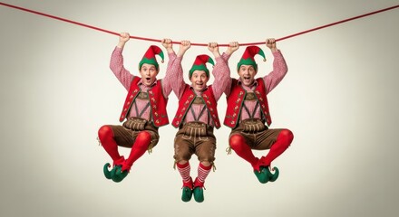 Playful Christmas Elves Hanging on a Red Rope, Festive Joy
