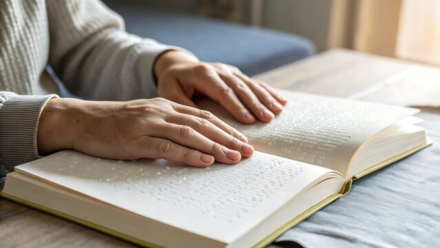 Reading Braille: Hands Touching Raised Dots on Open Book Pages for Accessibility and Inclusive Learning, Providing Education and Literacy for Visually Impaired Individuals - Powered by Adobe