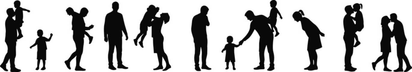 Silhouette of parents playing with children, lifting, walking, hugging, bonding moments of family love and relationship in vector illustration