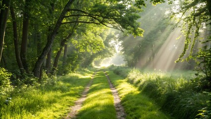 Sunlight streams through trees along a grassy path in a lush forest, creating a serene and peaceful scene with a dreamy atmosphere and a sense of natural beauty and tranquility