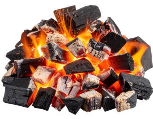 Close-Up of Glowing Red-Orange Embers with Sparks, Isolated on Transparent Background PNG