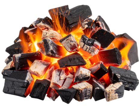 Close-Up of Glowing Red-Orange Embers with Sparks, Isolated on Transparent Background PNG