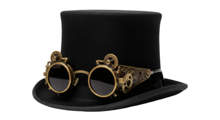 Steampunk top hat with intricate goggles.