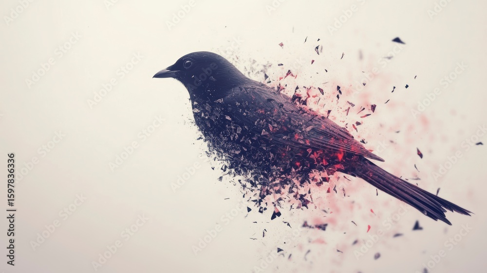 Wall mural abstract black bird disintegrating into red and black particles against a white background.