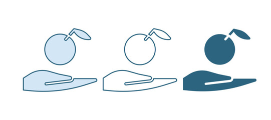 Blue Apple in hand icon isolated on white background. Fruit with leaf symbol. Vector