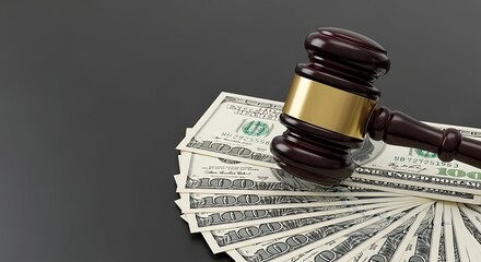 A gavel rests on a fan of US dollar bills, symbolizing legal financial decisions.