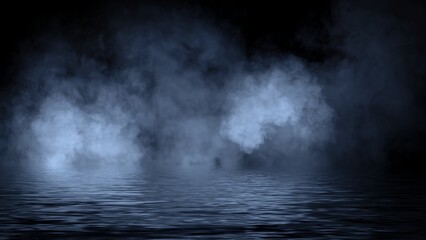 Mystery blue coastal fog . Smoke on the shore . Reflection in water. Texture overlays background. Stock illustration